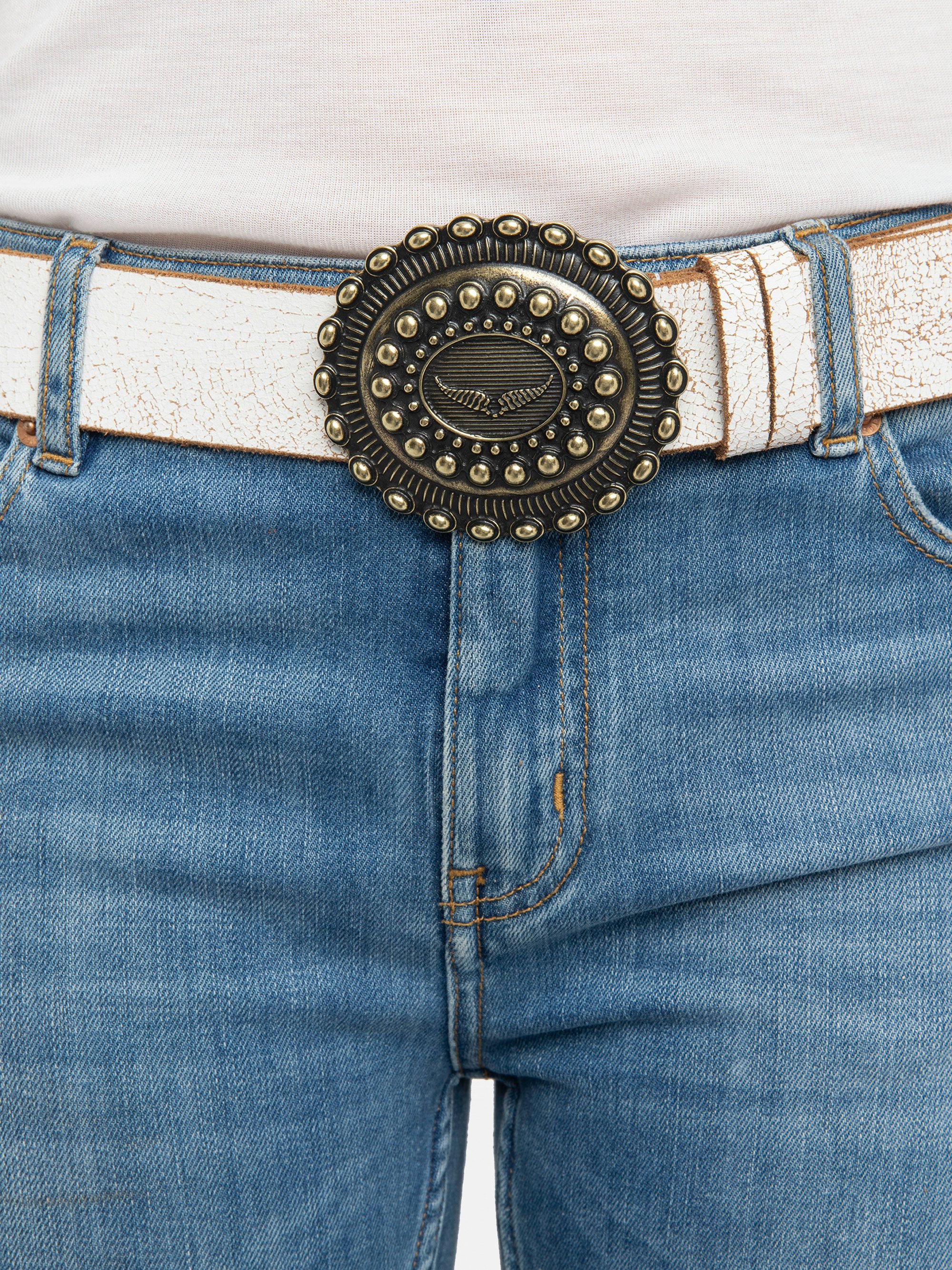 Santa Fe Belt - 40mm wide belt in white crackled-effect leather with wing signature on the western-style buckle.